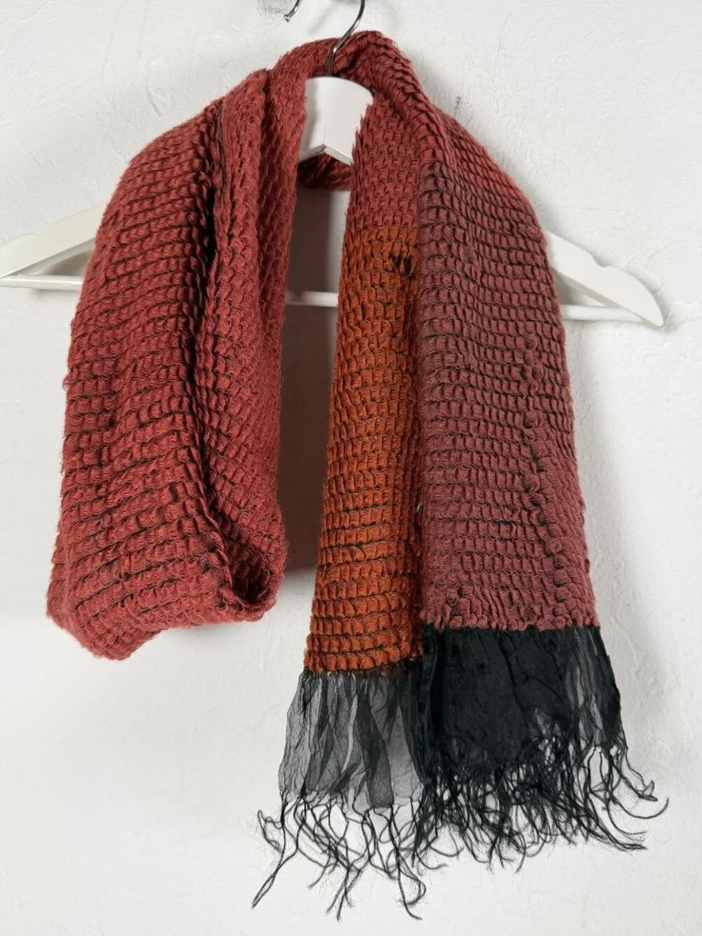 Handwoven Knit Scarf With Black Sheer Fringe Rust & Orange Colorblock Design 70x